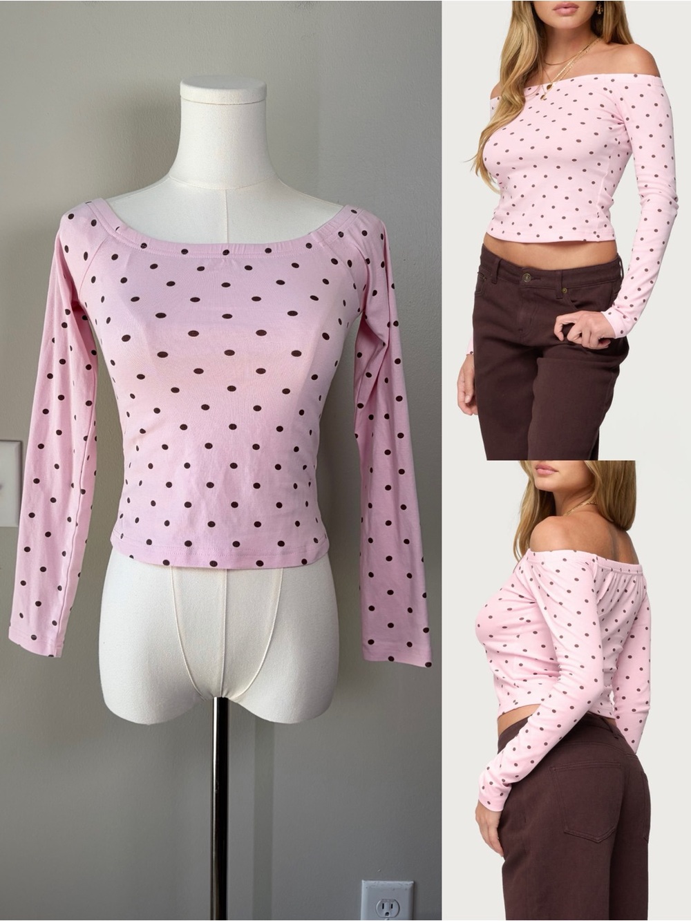 Edikted Leandra Pink Polka Dot Off the Shoulder Stretch Cotton Top